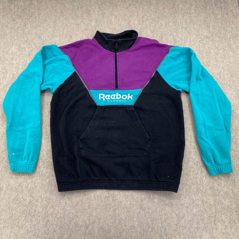 Reebok Classic Mens Colorblock Quarter Zip Sweatshirt Purple Teal Black Large